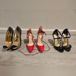 Gianni Bini Caged Rhinestone 9 8.5 New Lace Shoe Heels Red Black Gold Sparkle